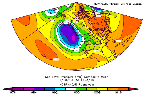  The composite anomaly of sea level pressure from January 15-23, 2010 using the 1968-1996 normal