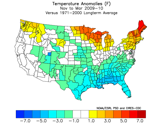 Winter temperature anomalies (Fahrenheit) across the US for 2009-2010 winter