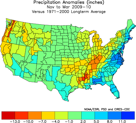 Winter precipitation anomalies (Fahrenheit) across the US for 2009-2010 winter