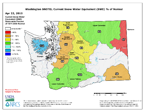 Snow water equivalent percent of normal for WA as of April 22, 2010