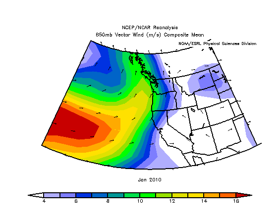 850 mb vector mean wind for January 2010
