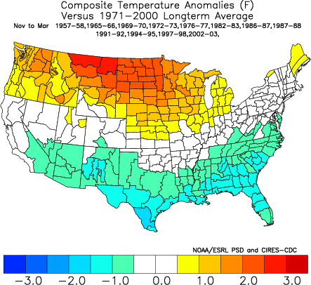 Composite Nov-March temperature anomalies (Fahrenheit) during El Niño
