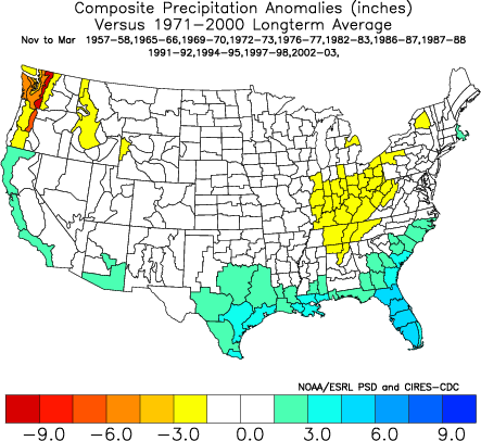 Composite Nov-March precipitation anomalies (Fahrenheit) during El Niño