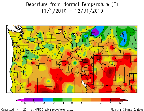 The average temperature departure from normal (1971-2000) throughout the Northwest for October-November-December 2010