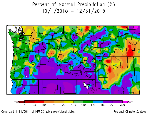 The precipitation percent of normal (1971-2000) throughout the Northwest for October-November-December 2010