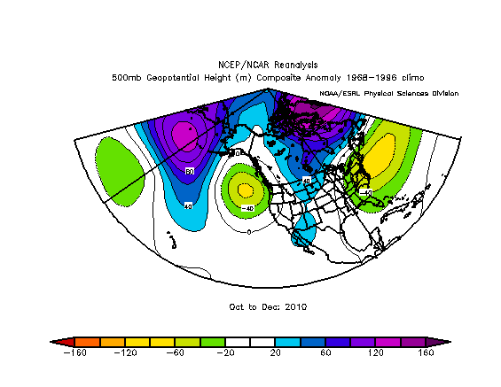 The 500 mb geopotential height composite anomalies (1968-1996 normal) for October-November-December 2010