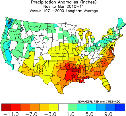Nov-Mar precipitaion anomalies (inches) from the 1971-2000 normal for the 2010-2011 winter
