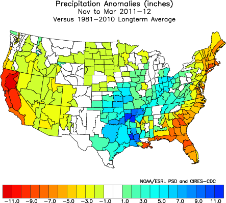 Nov-Mar precipitaion anomalies (inches) from the 1981-2010 normal for the 2011-2012 winter