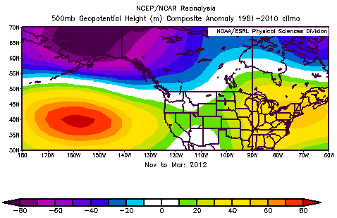 500 hPa geopotential height anomalies from November 2011 through March 2012