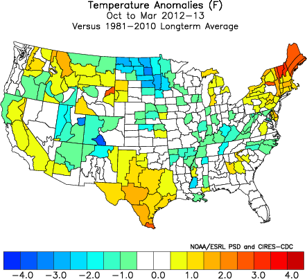 Oct-Mar 2012-2013 temperature anomalies (Fahrenheit) from the 1981-2010 normal