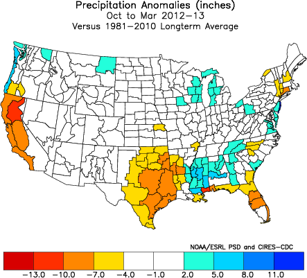 Oct-Mar 2012-2013 precipitation anomalies (Fahrenheit) from the 1981-2010 normal