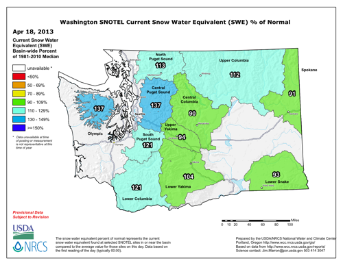 Snowpack (in terms of snow water equivalent) percent of normal for WA as of April 18, 2013