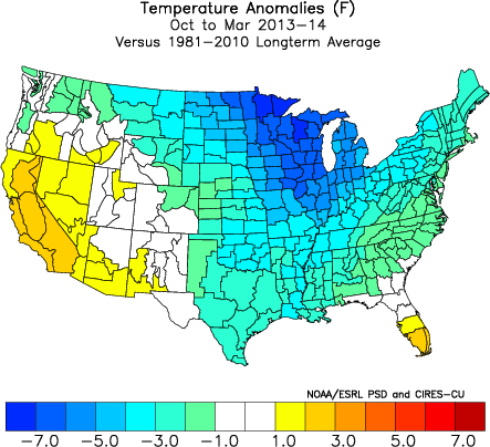 Oct-Mar 2013-2014 temperature anomalies (Fahrenheit) from the 1981-2010 normal 