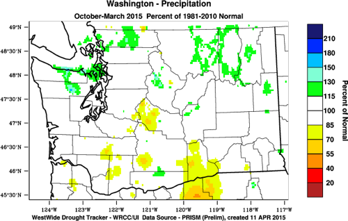 Total Oct-Mar 2014-15 precipitation percent of normal (from WRCC). Please click on the figure to see the full-size image.